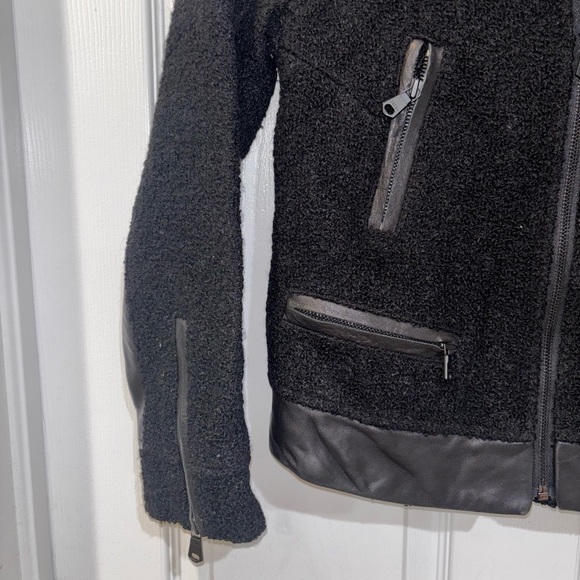 Club Monaco Motorcycle Jacket Womens SZ0 Black Wool Boucle Lambskin Leather Trim - Picture 2 of 11